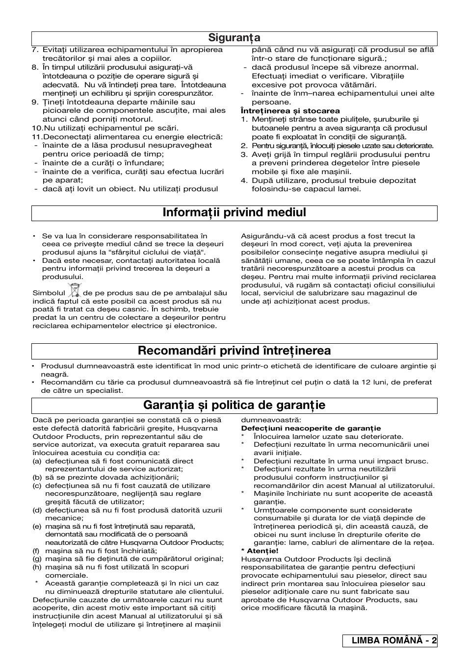 Informaţii privind mediul, Garanţia și politica de garanţie, Recomandări privind întreţinerea | Siguranţa, Limba român^ - 2 | Flymo EASICUT 6000XT User Manual | Page 47 / 56