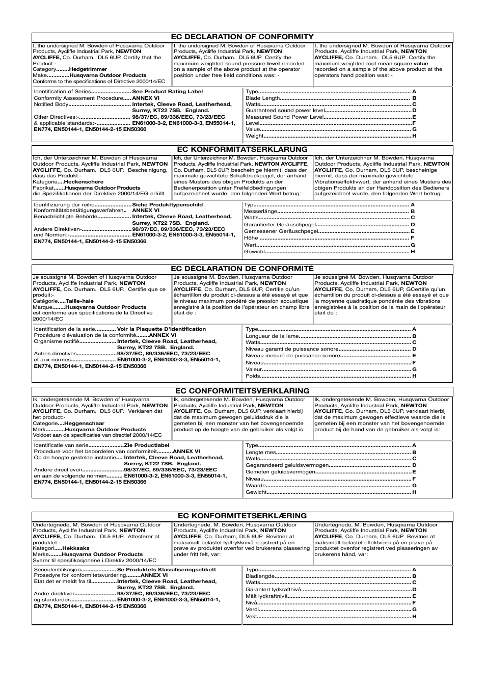 Ec declaration of conformity, Ec konformitätserklärung, Ec konformitetserklæring | Flymo EASICUT 6000XT User Manual | Page 48 / 56