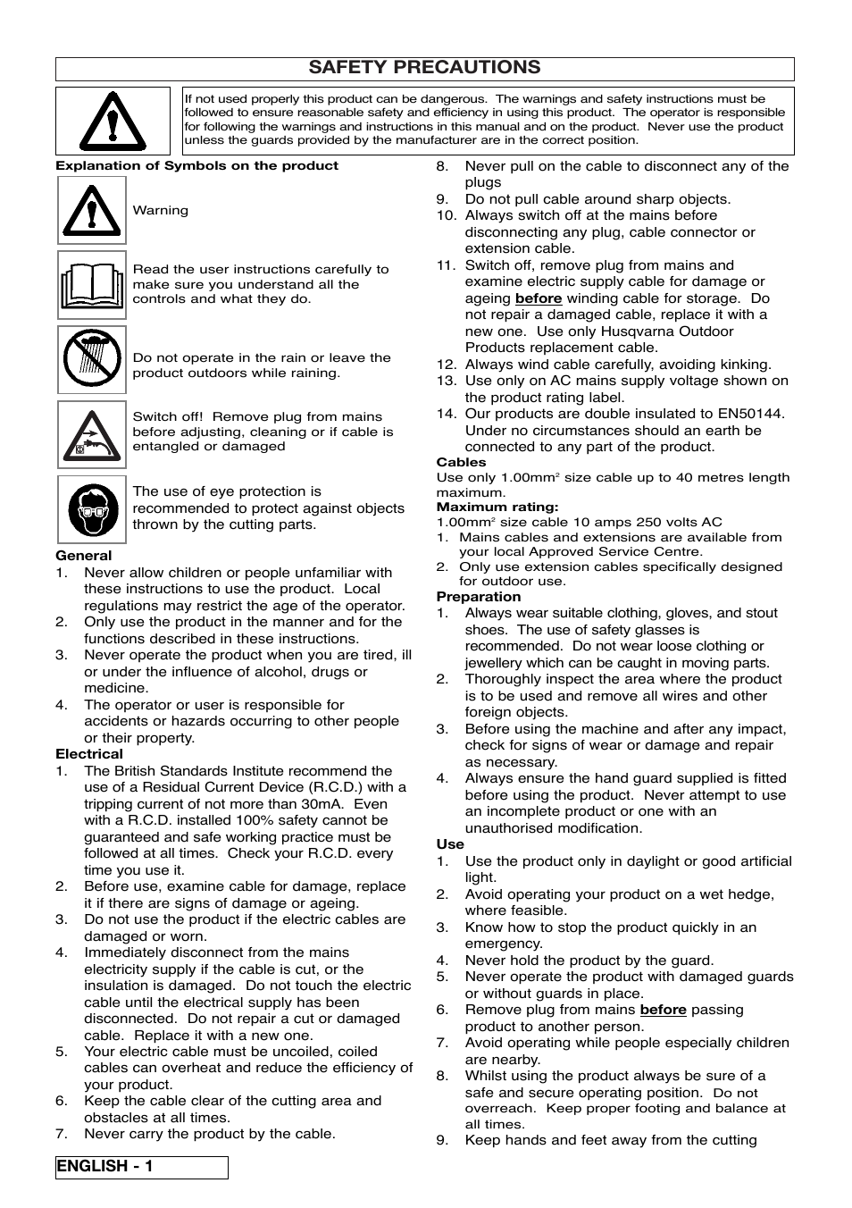 Safety precautions, English - 1 | Flymo EASICUT 6000XT User Manual | Page 6 / 56