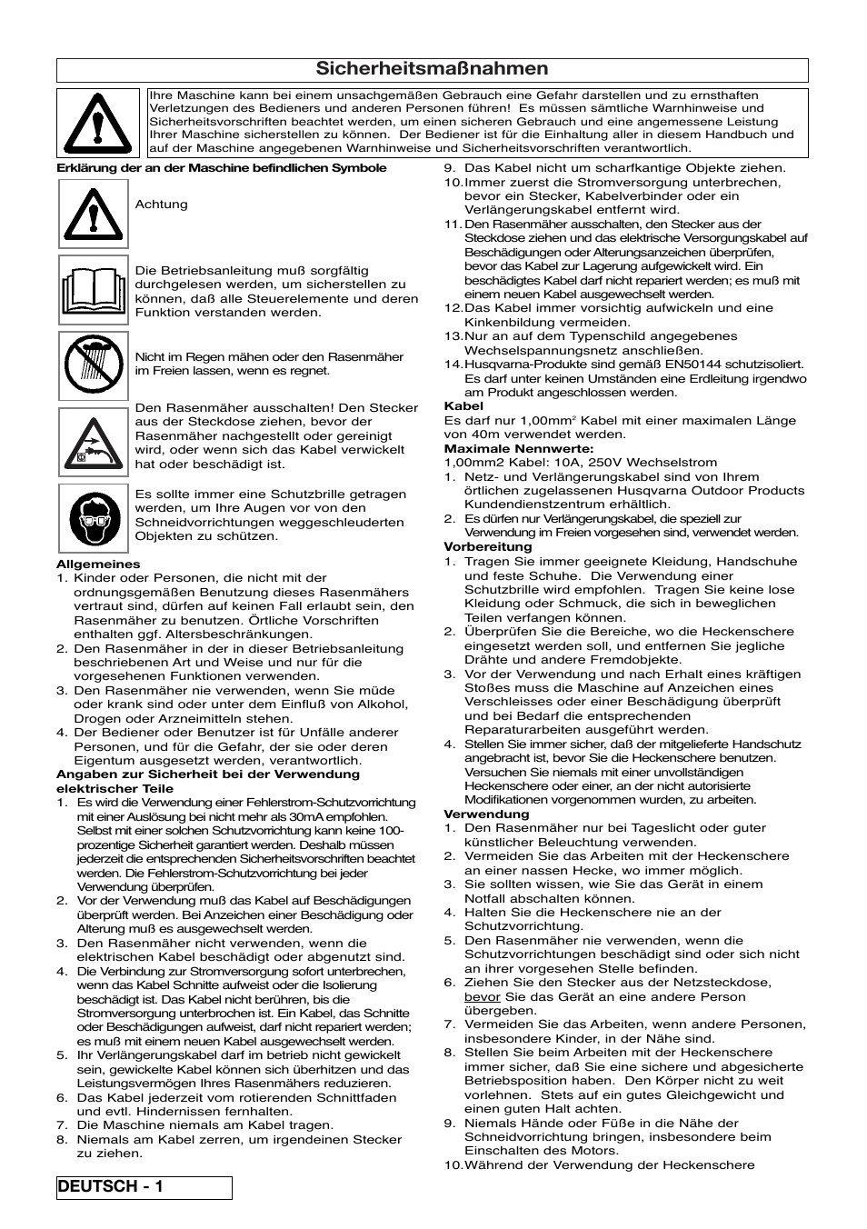 Sicherheitsmaßnahmen, Deutsch - 1 | Flymo EASICUT 6000XT User Manual | Page 8 / 56