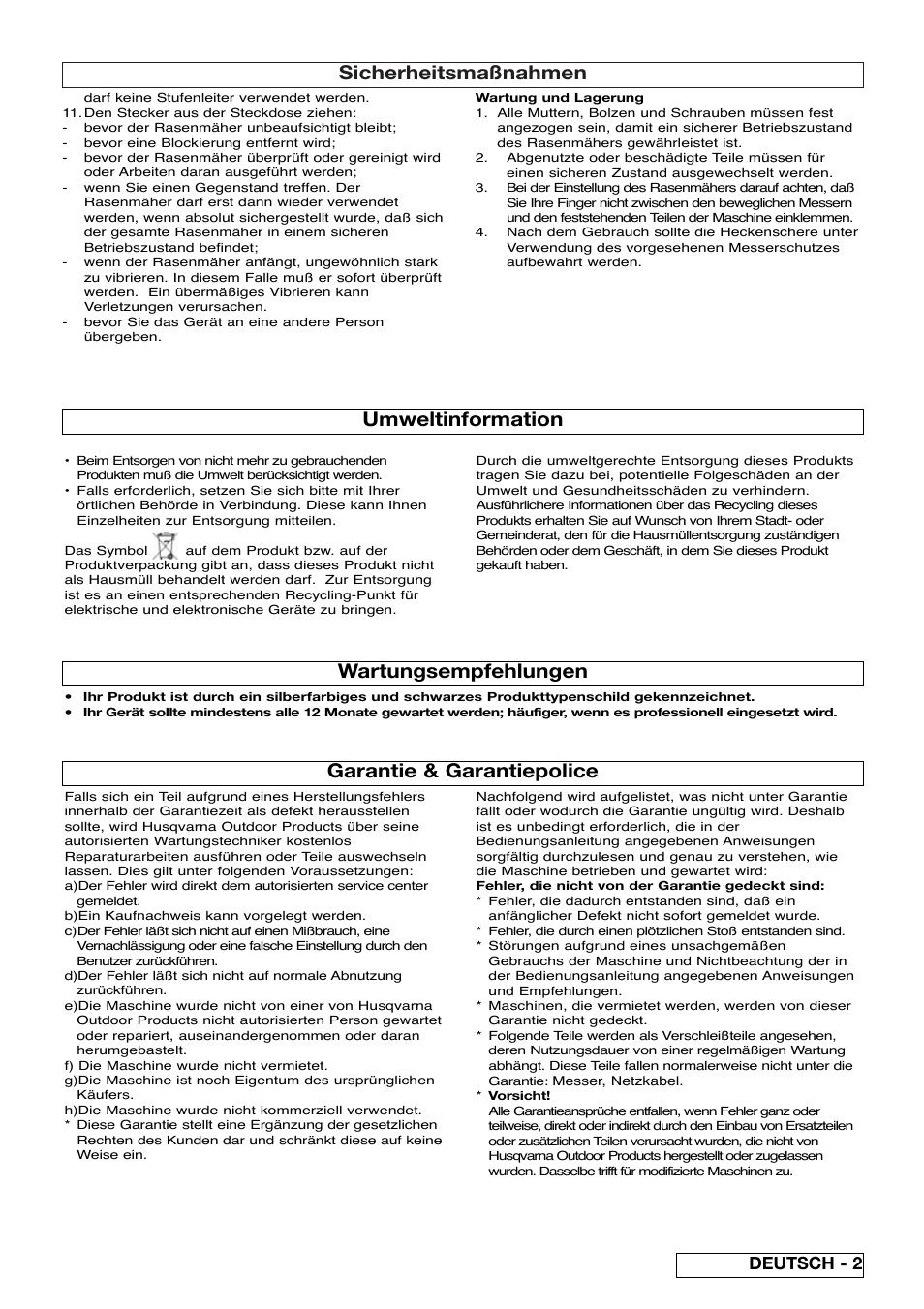 Sicherheitsmaßnahmen, Garantie & garantiepolice, Umweltinformation | Wartungsempfehlungen, Deutsch - 2 | Flymo EASICUT 6000XT User Manual | Page 9 / 56