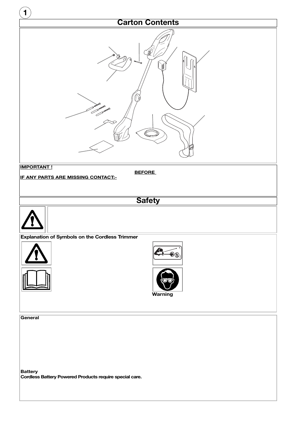 1carton contents, Safety | Flymo Electrolux CT250 User Manual | Page 2 / 8