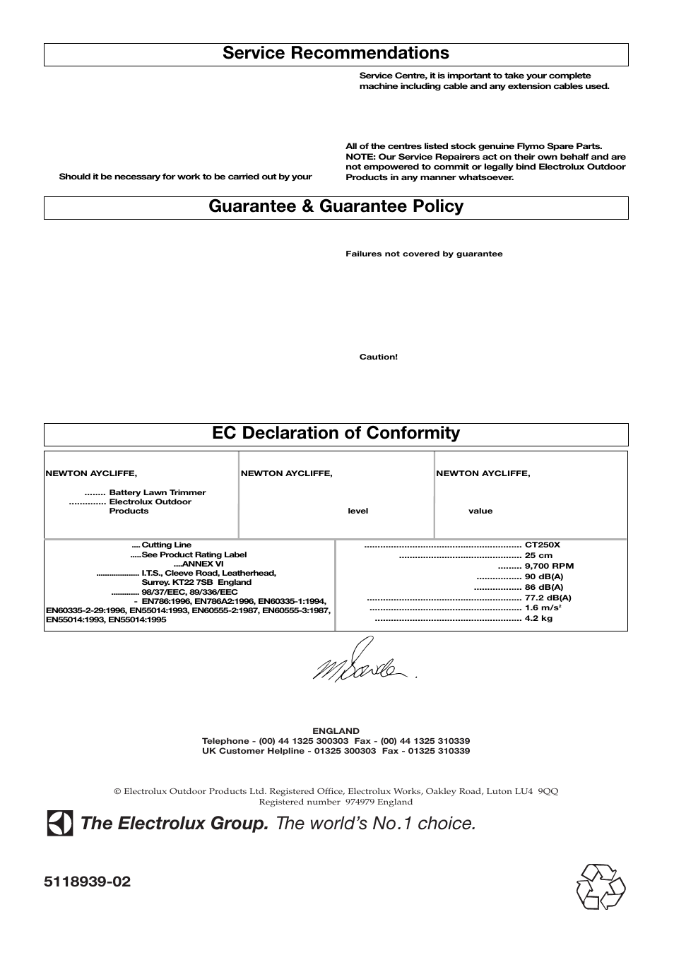 The electrolux group. the world’s no.1 choice, Service recommendations, Ec declaration of conformity | Guarantee & guarantee policy | Flymo Electrolux CT250 User Manual | Page 8 / 8