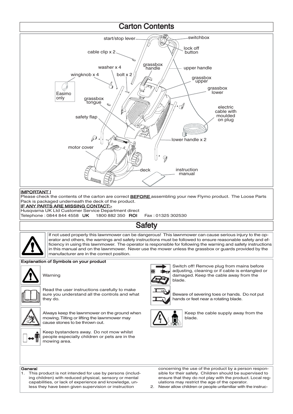 Carton contents, Safety | Flymo VENTURER VTR32 User Manual | Page 2 / 9