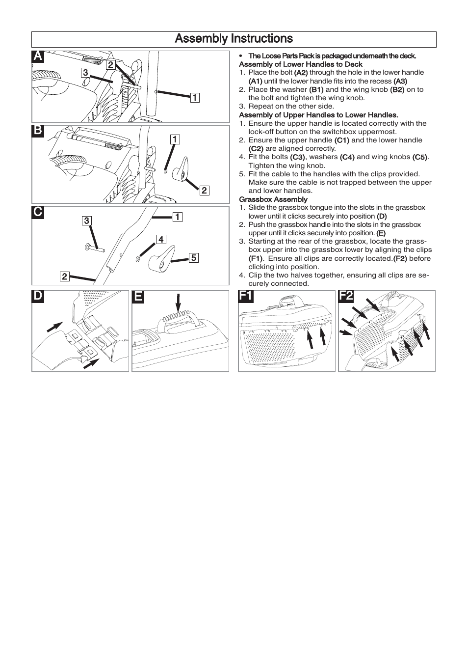 Assembly instructions b c d, Ef1 f2 | Flymo VENTURER VTR32 User Manual | Page 4 / 9