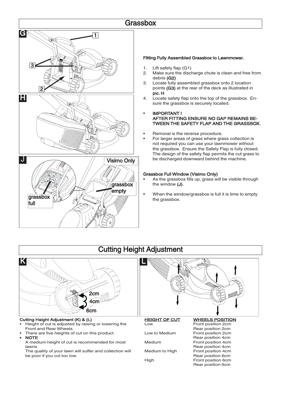 Grassbox j, Cutting height adjustment | Flymo VENTURER VTR32 User Manual | Page 5 / 9