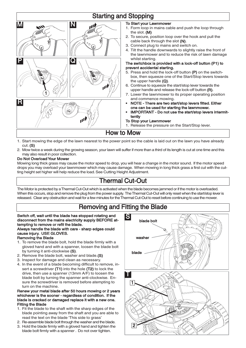 Removing and fitting the blade, Mn r starting and stopping, How to mow | Thermal cut-out | Flymo VENTURER VTR32 User Manual | Page 6 / 9