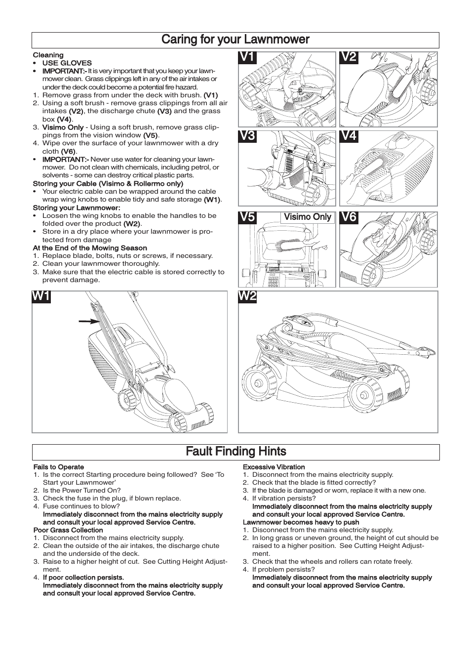 Caring for your lawnmower, Fault finding hints | Flymo VENTURER VTR32 User Manual | Page 7 / 9