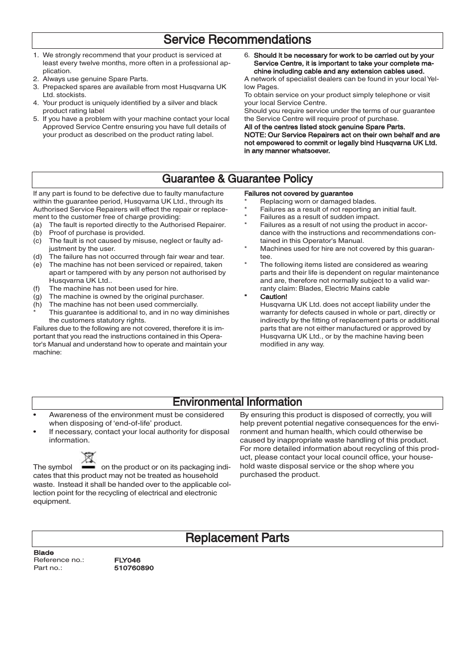 Service recommendations, Replacement parts | Flymo VENTURER VTR32 User Manual | Page 8 / 9