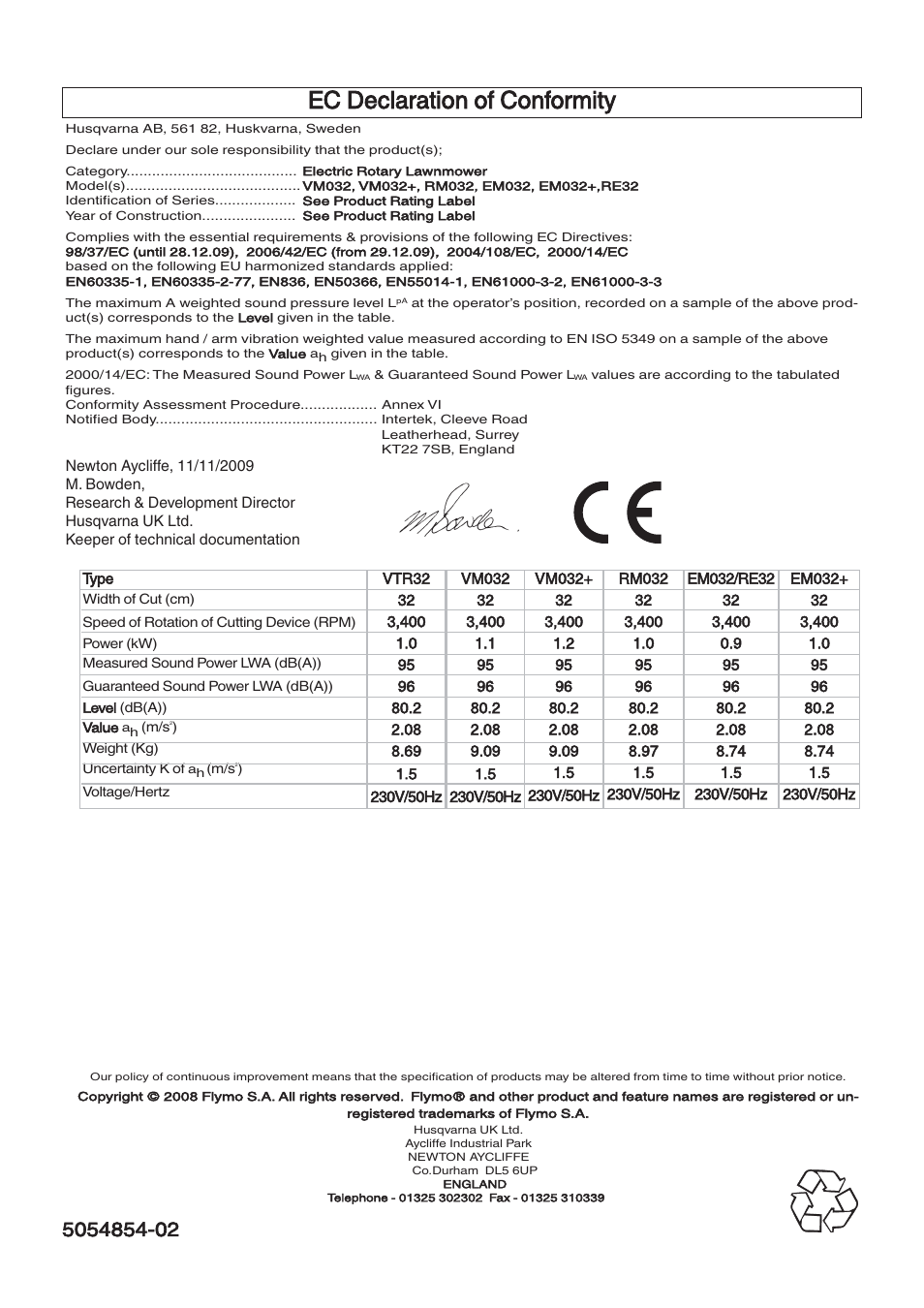 Ec declaration of conformity | Flymo VENTURER VTR32 User Manual | Page 9 / 9