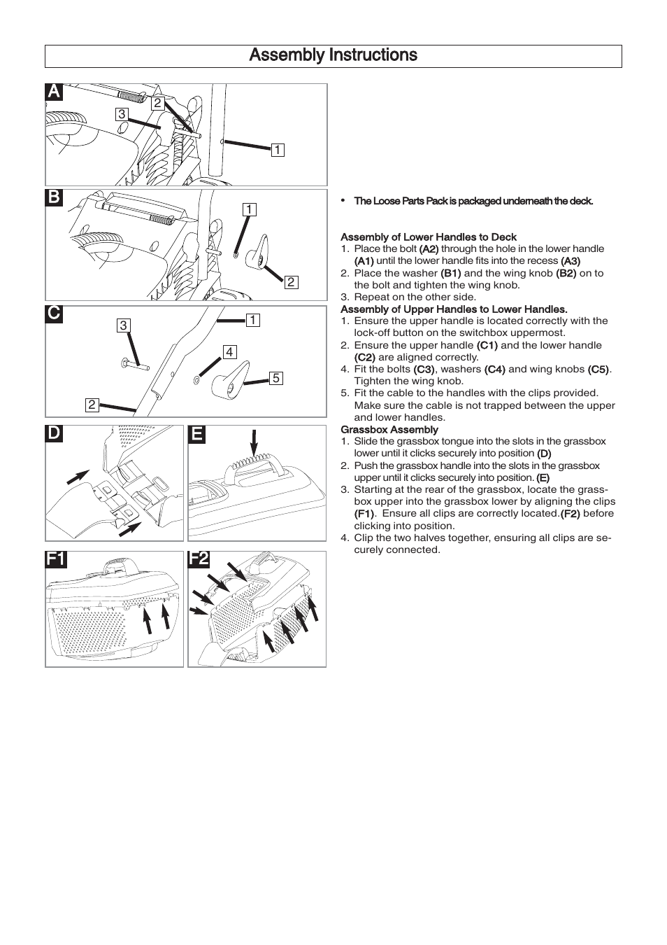 Aassembly instructions b c d, Ef1 f2 | Flymo EM032 User Manual | Page 4 / 9