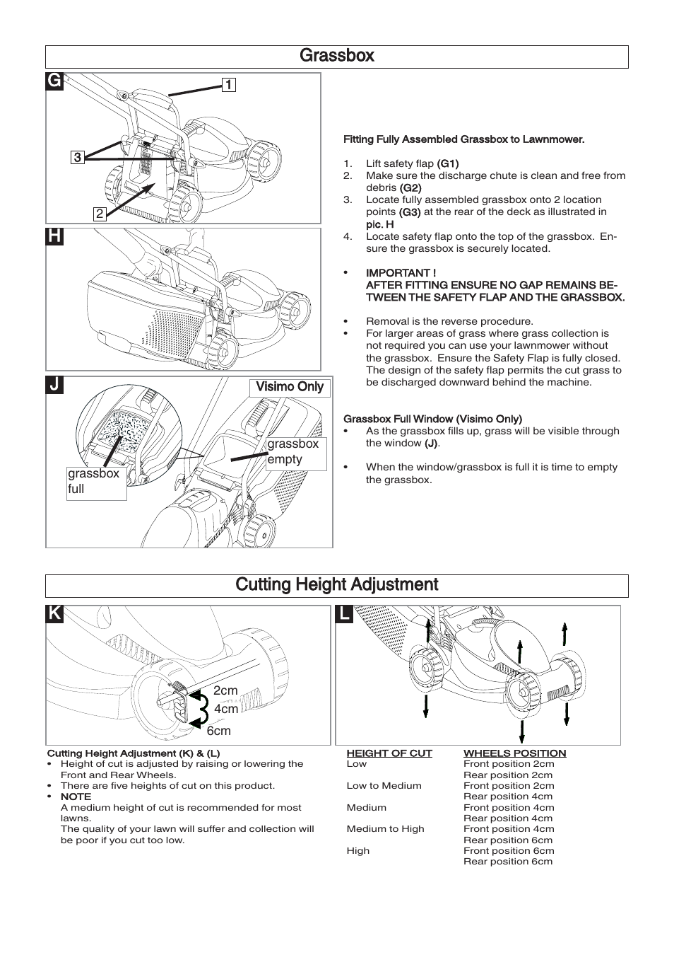 Grassbox j, Cutting height adjustment | Flymo EM032 User Manual | Page 5 / 9