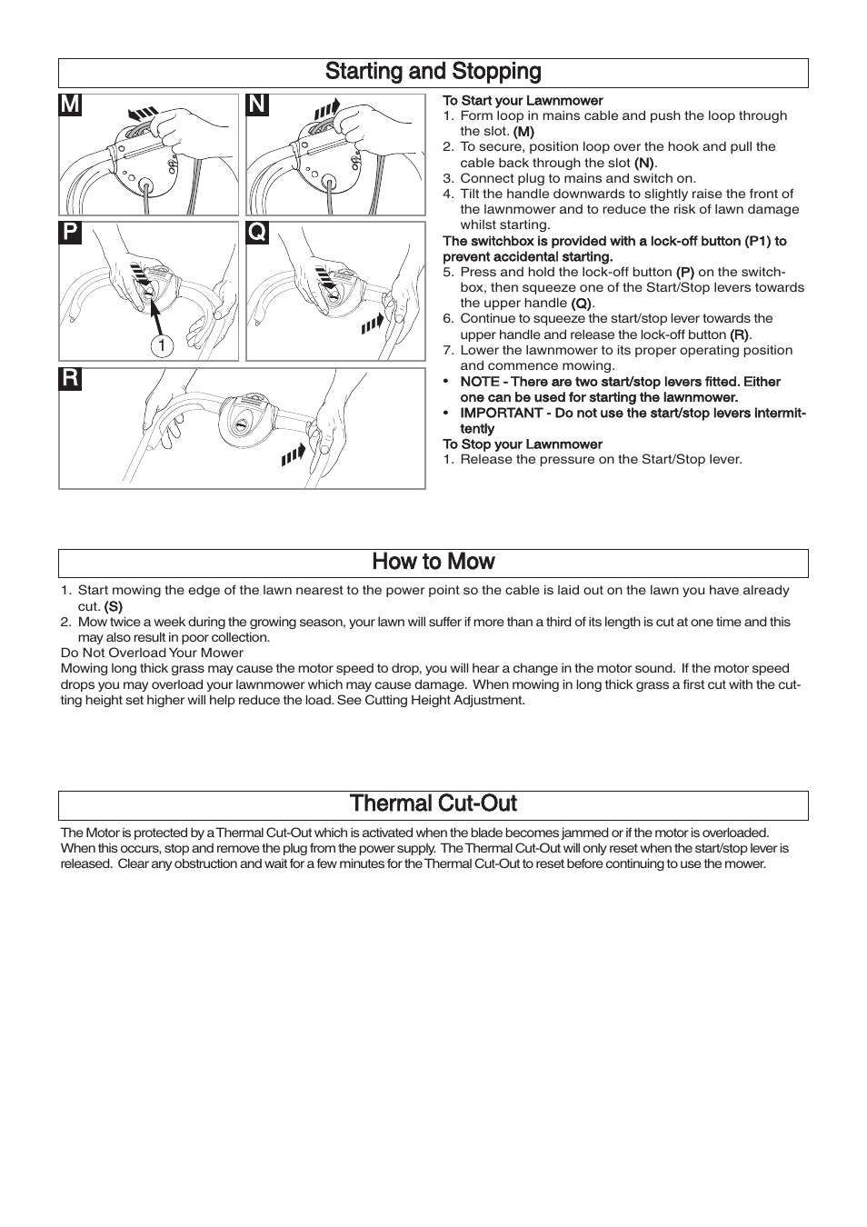 Mn r starting and stopping, How to mow, Thermal cut-out | Flymo EM032 User Manual | Page 6 / 9