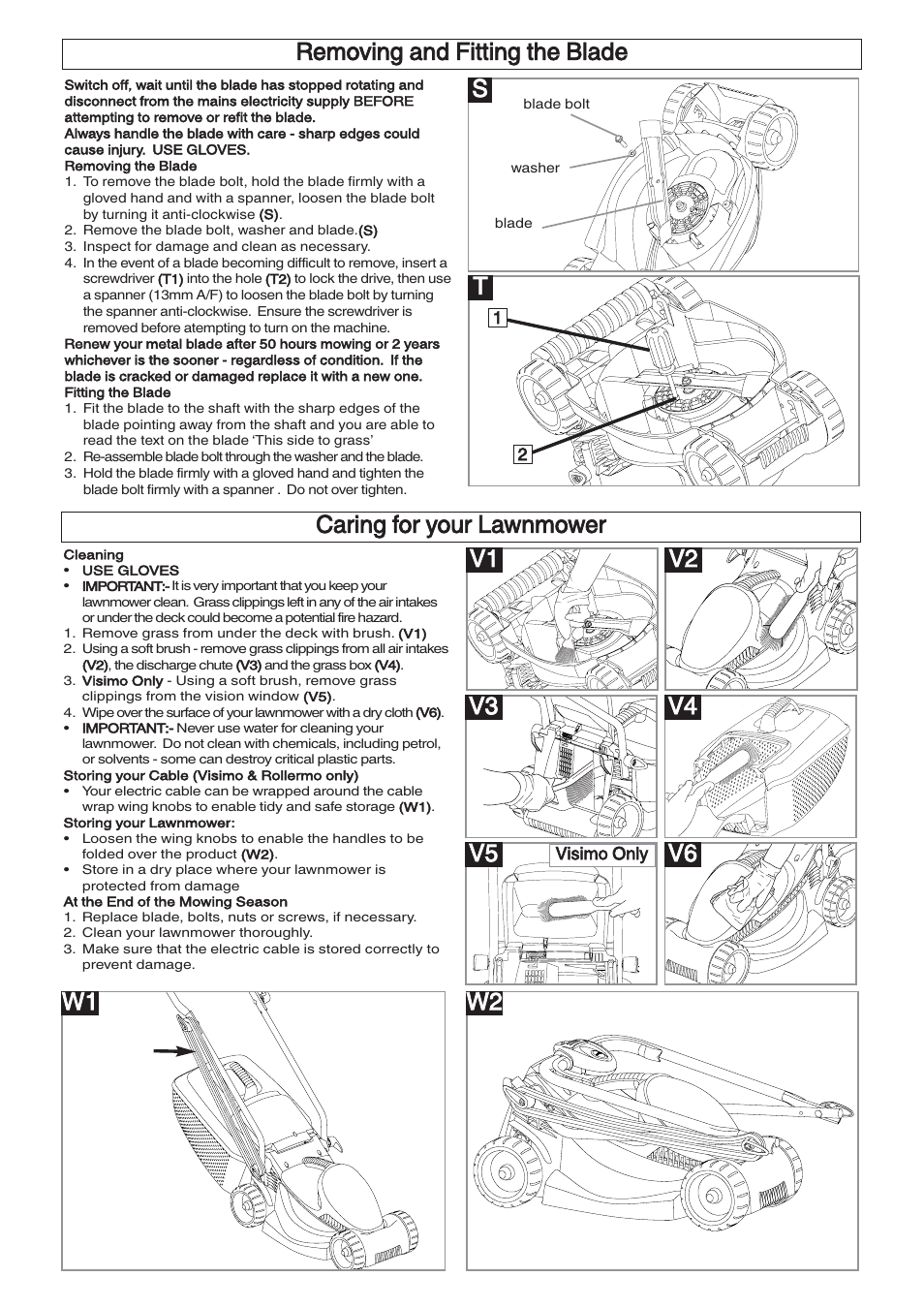 Caring for your lawnmower, V1 removing and fitting the blade | Flymo EM032 User Manual | Page 7 / 9