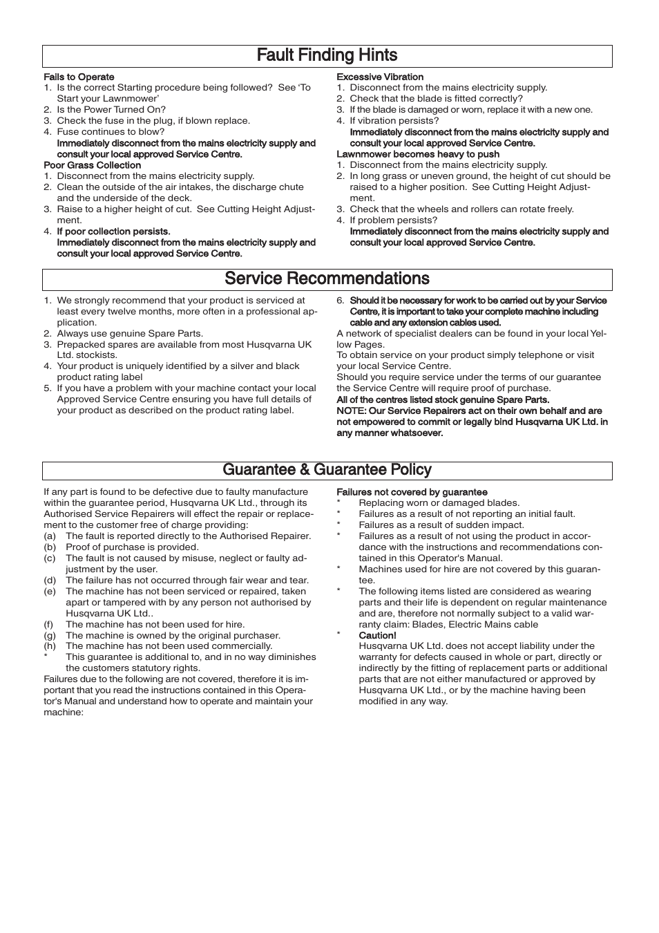 Fault finding hints, Service recommendations, Guarantee & guarantee policy | Flymo EM032 User Manual | Page 8 / 9