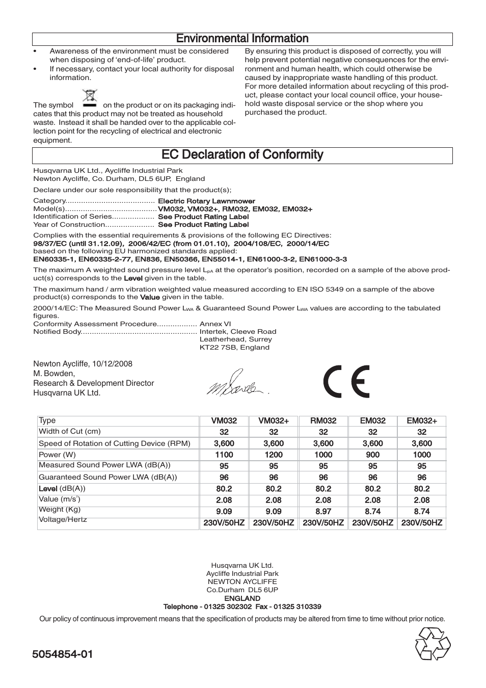 Ec declaration of conformity, Environmental information | Flymo EM032 User Manual | Page 9 / 9