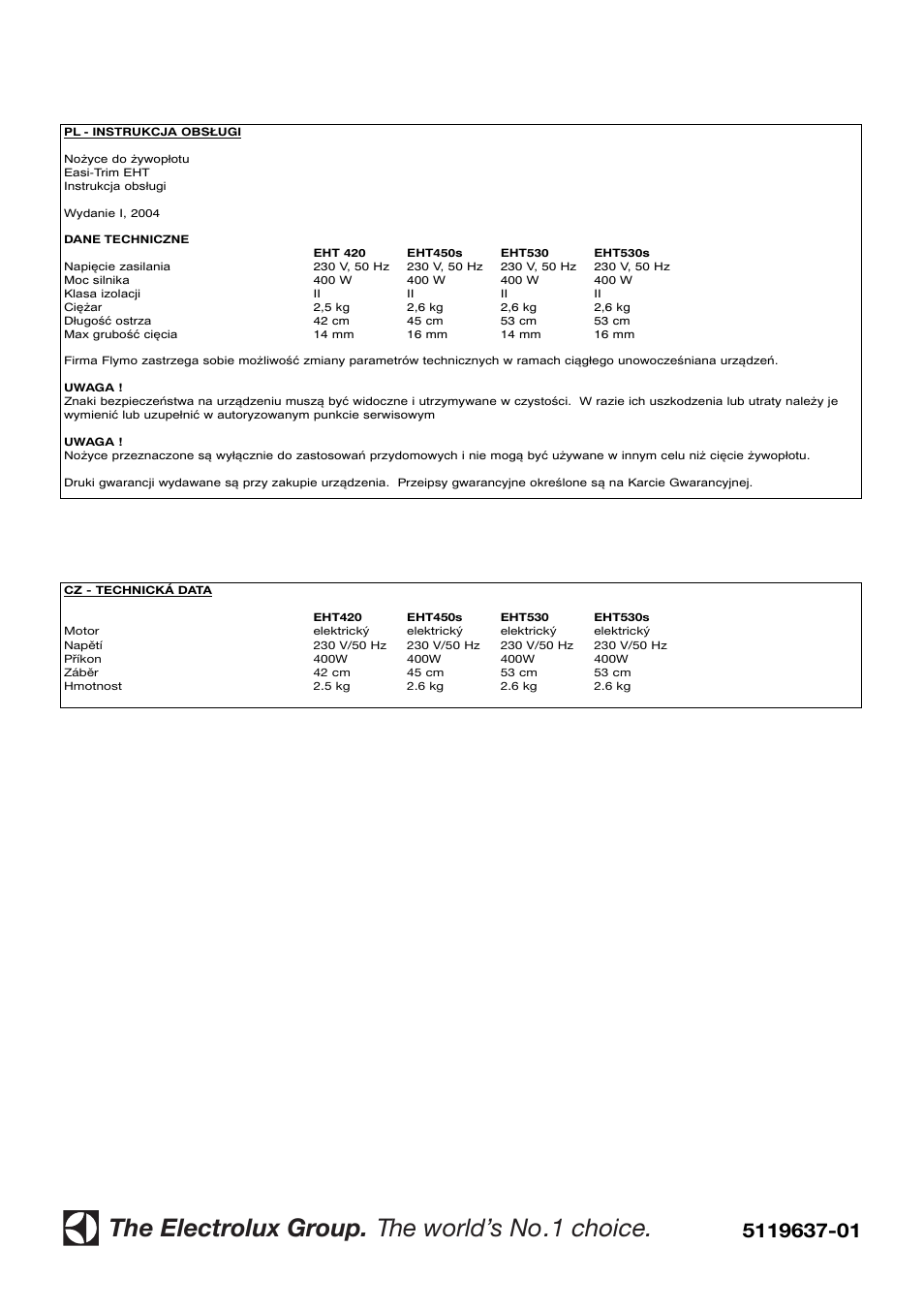 The electrolux group. the world’s no.1 choice | Flymo Electrolux EHT 450s User Manual | Page 9 / 9