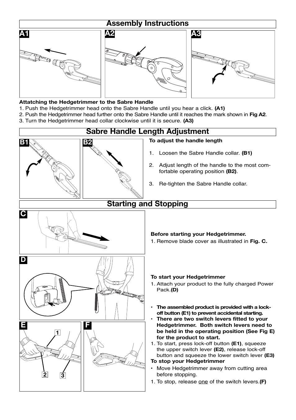 Assembly instructions, Sabre handle length adjustment, Starting and stopping | A2 a1, B2 b1 | Flymo Sabre Cut User Manual | Page 4 / 8