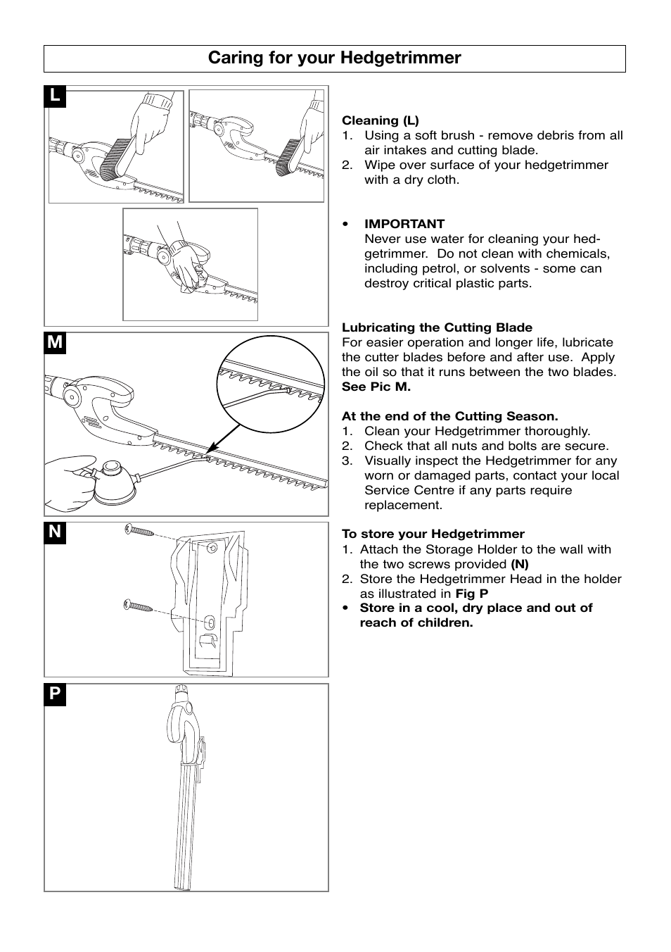 Caring for your hedgetrimmer, Lm n p | Flymo Sabre Cut User Manual | Page 6 / 8