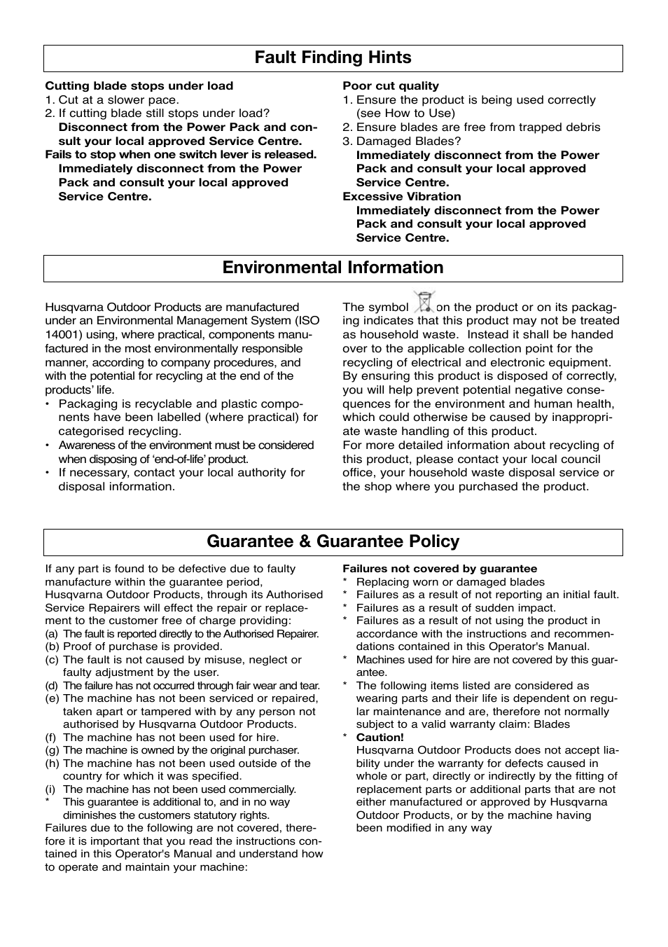 Fault finding hints, Environmental information, Guarantee & guarantee policy | Flymo Sabre Cut User Manual | Page 7 / 8