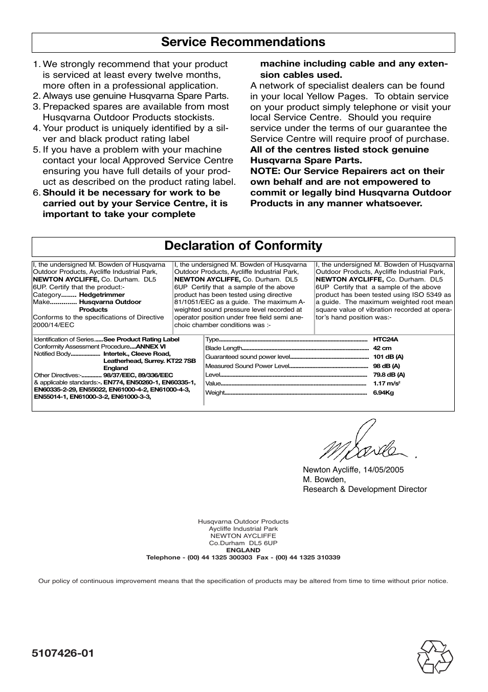 Service recommendations, Declaration of conformity | Flymo Sabre Cut User Manual | Page 8 / 8