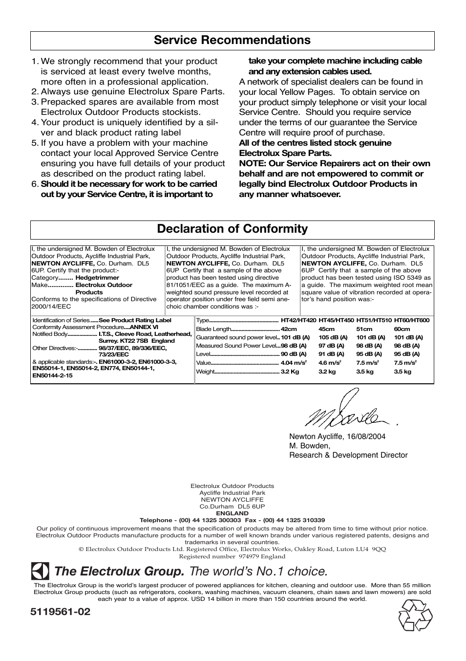 Service recommendations, Declaration of conformity, The electrolux group. the world’s no.1 choice | Flymo HT60 User Manual | Page 8 / 8
