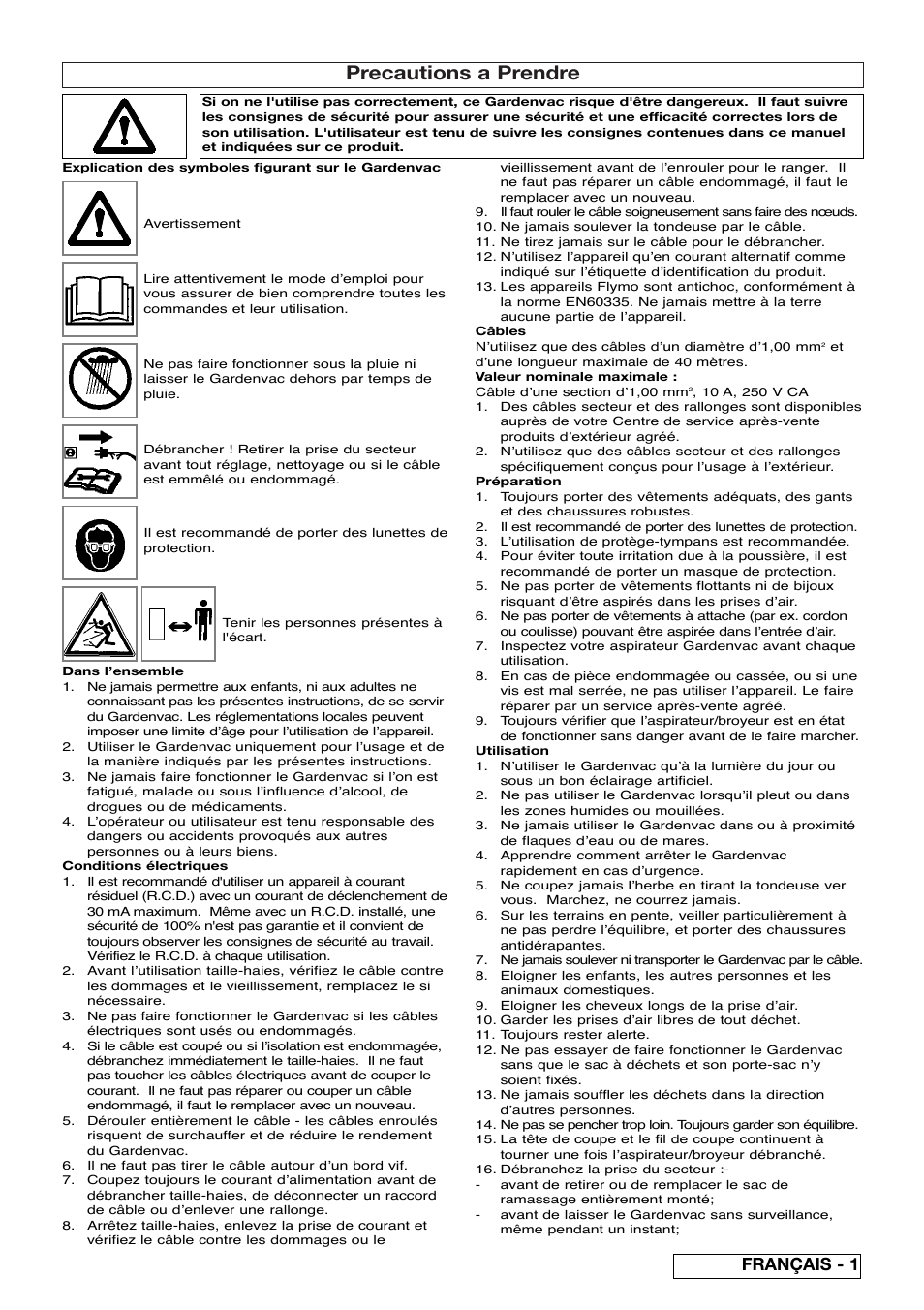 Precautions a prendre, Français - 1 | Flymo SCIROCCO 2200 User Manual | Page 11 / 52