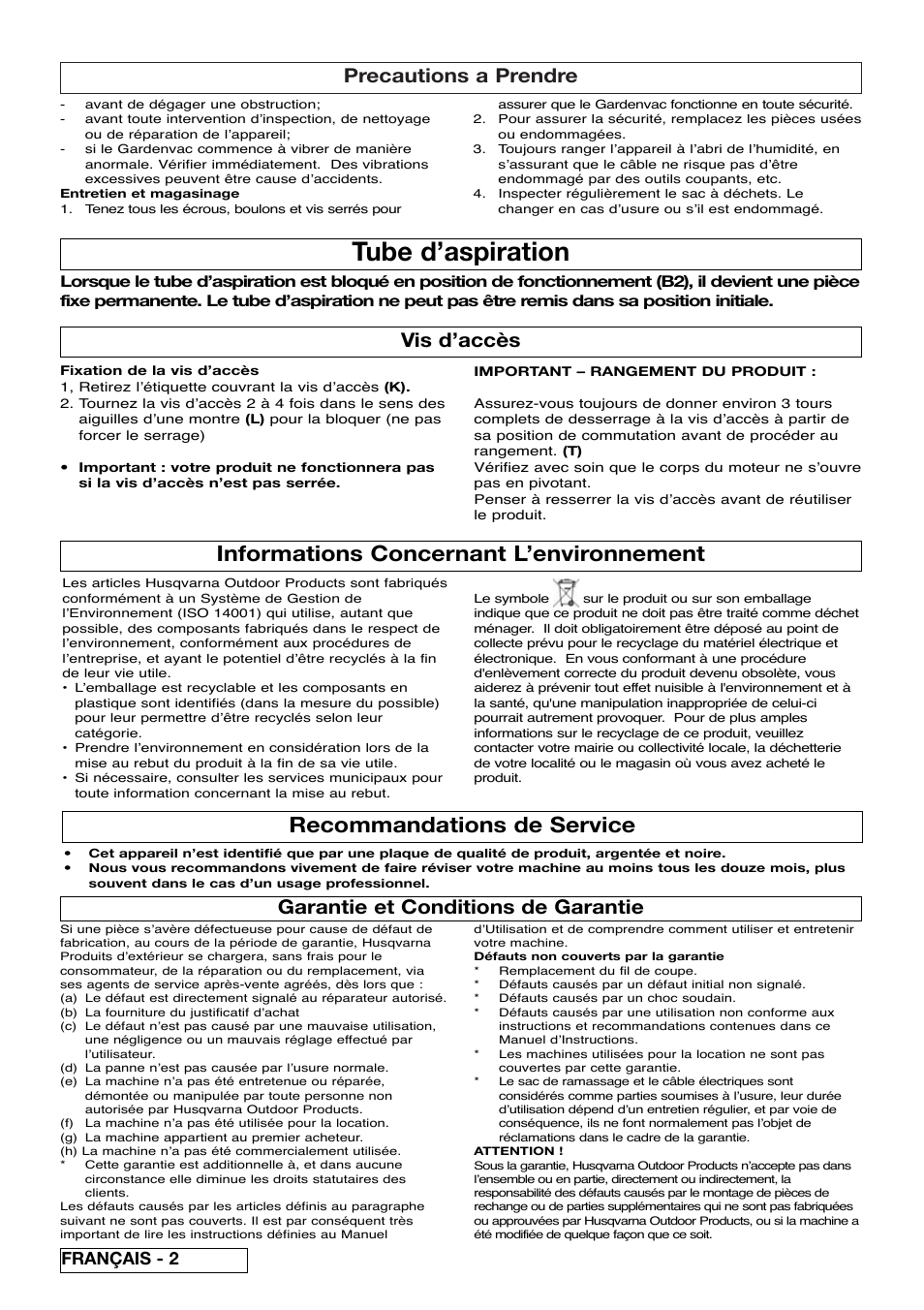 Tube d’aspiration, Informations concernant l’environnement, Recommandations de service | Precautions a prendre, Garantie et conditions de garantie, Vis d’accès, Français - 2 | Flymo SCIROCCO 2200 User Manual | Page 12 / 52