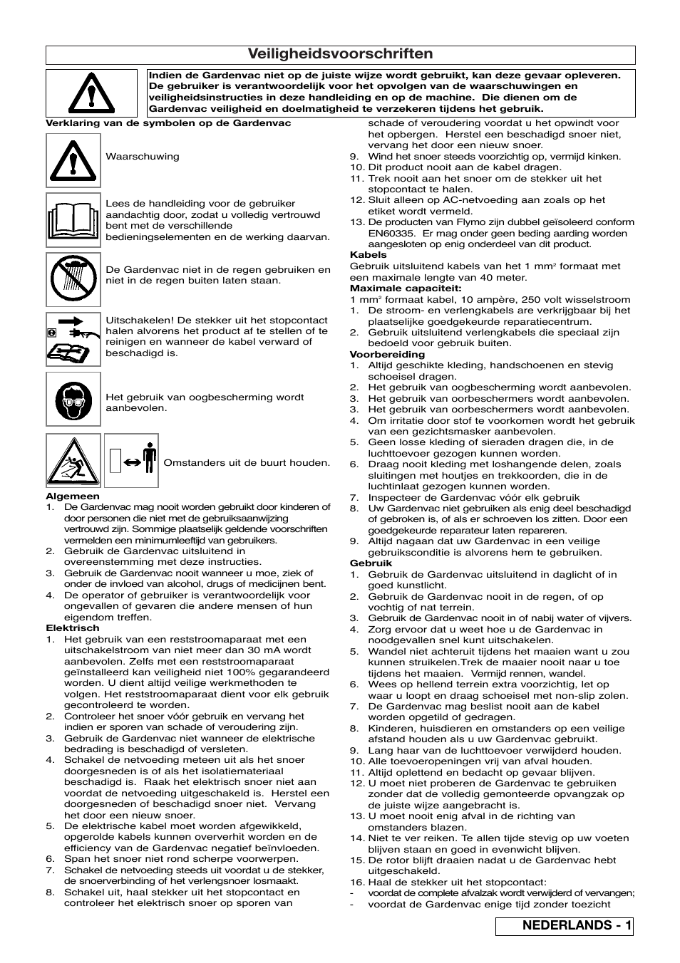 Veiligheidsvoorschriften, Nederlands - 1 | Flymo SCIROCCO 2200 User Manual | Page 13 / 52