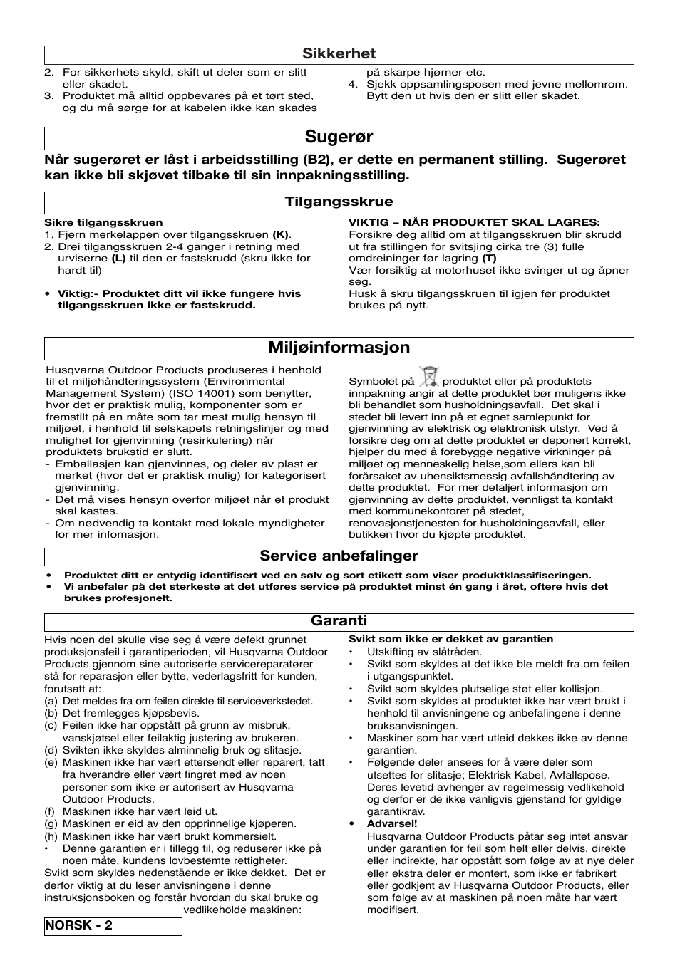 Sugerør, Miljøinformasjon, Sikkerhet | Service anbefalinger, Garanti, Tilgangsskrue | Flymo SCIROCCO 2200 User Manual | Page 16 / 52