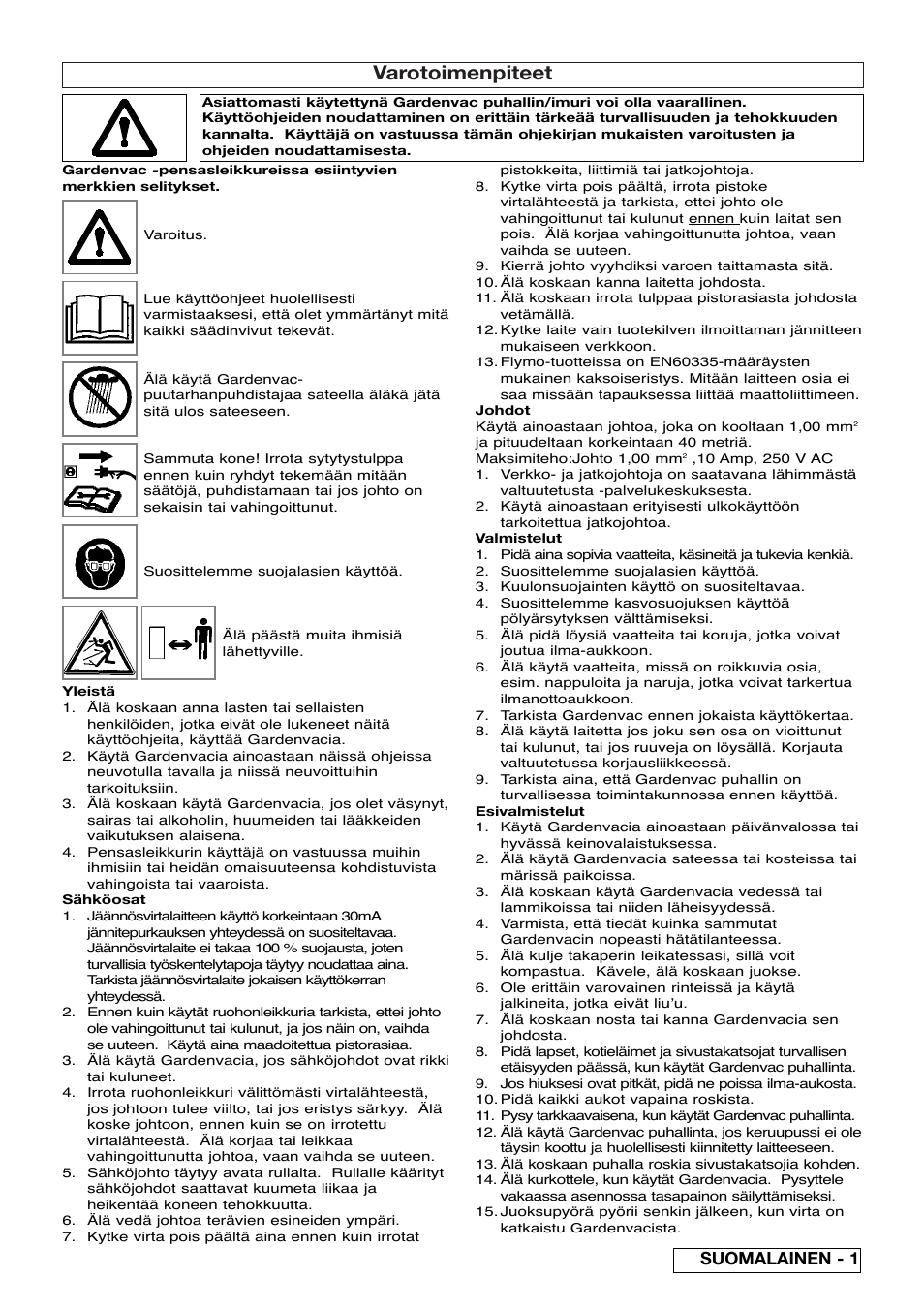 Varotoimenpiteet, Suomalainen - 1 | Flymo SCIROCCO 2200 User Manual | Page 17 / 52