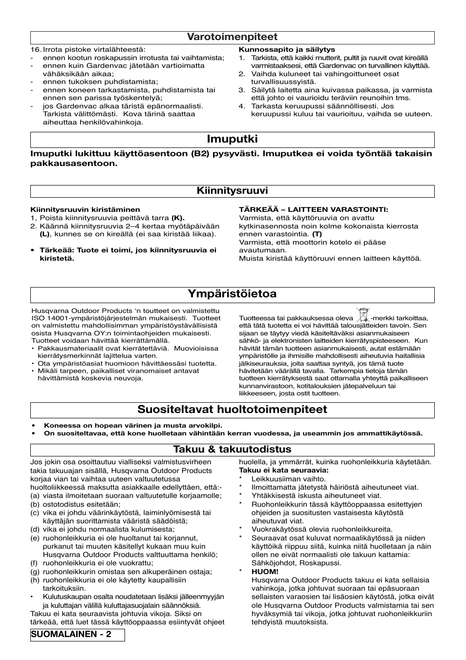 Ympäristöietoa, Suositeltavat huoltotoimenpiteet, Imuputki | Varotoimenpiteet, Takuu & takuutodistus, Kiinnitysruuvi, Suomalainen - 2 | Flymo SCIROCCO 2200 User Manual | Page 18 / 52