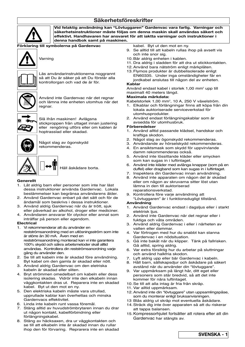 Säkerhetsföreskrifter, Svenska - 1 | Flymo SCIROCCO 2200 User Manual | Page 19 / 52