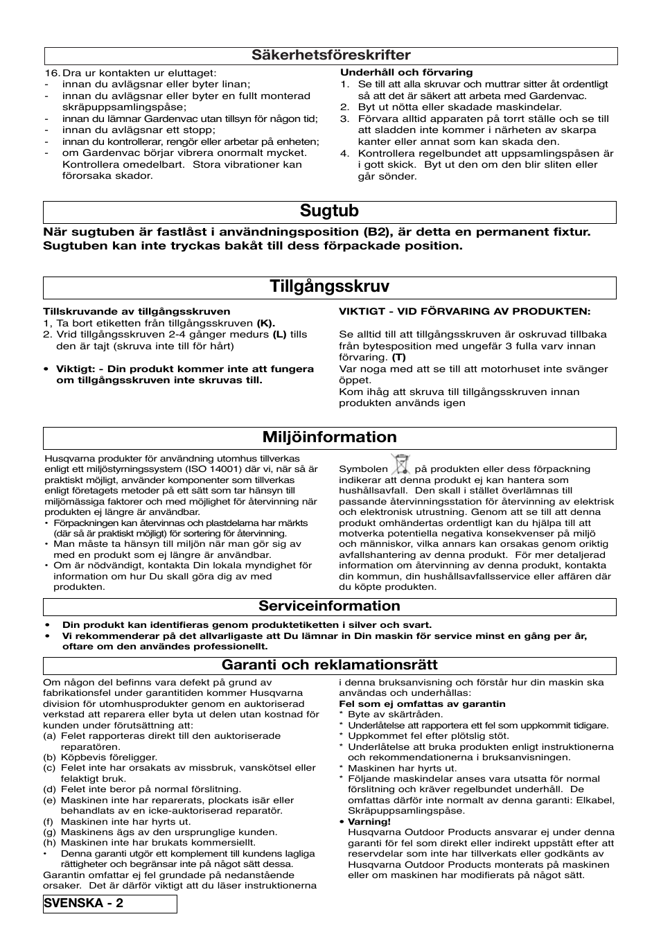 Tillgångsskruv, Sugtub, Miljöinformation | Säkerhetsföreskrifter, Serviceinformation, Garanti och reklamationsrätt, Svenska - 2 | Flymo SCIROCCO 2200 User Manual | Page 20 / 52