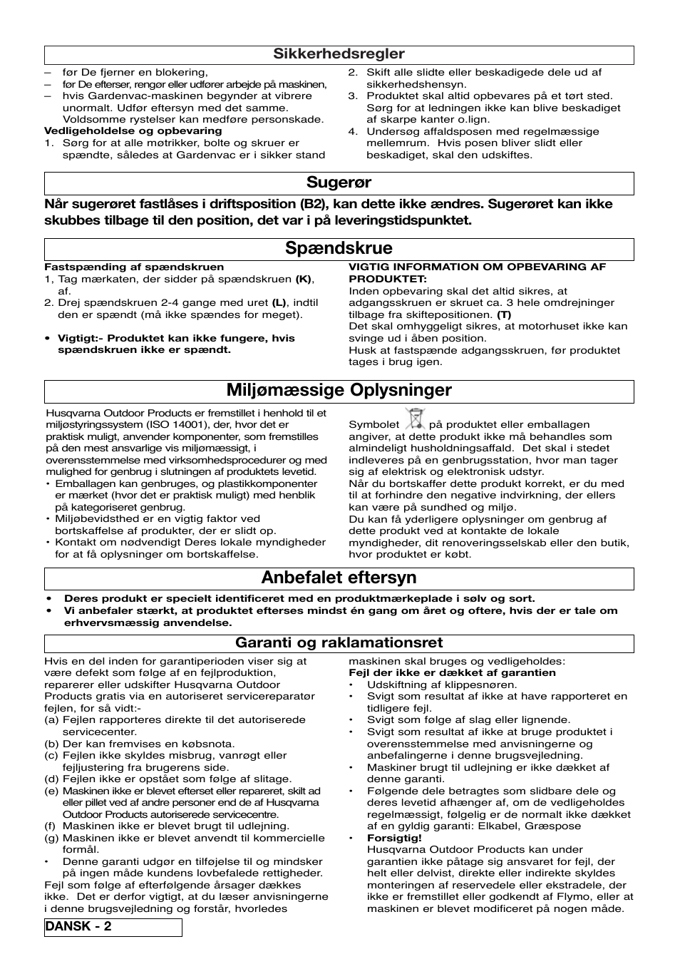 Miljømæssige oplysninger, Anbefalet eftersyn, Spændskrue | Sugerør, Sikkerhedsregler, Garanti og raklamationsret | Flymo SCIROCCO 2200 User Manual | Page 22 / 52