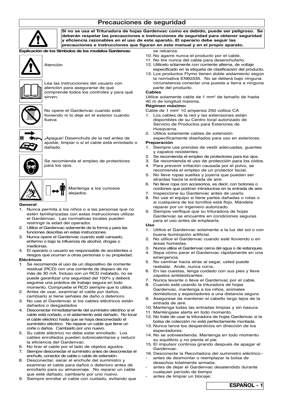Precauciones de seguridad, Español - 1 | Flymo SCIROCCO 2200 User Manual | Page 23 / 52