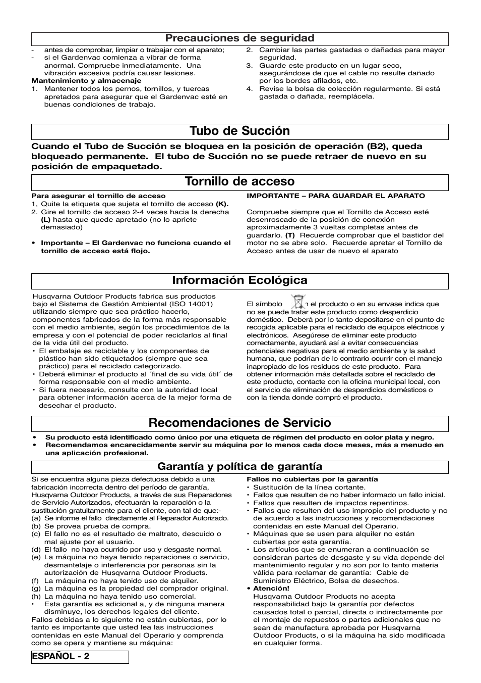 Recomendaciones de servicio, Tornillo de acceso, Tubo de succión | Información ecológica, Precauciones de seguridad, Garantía y política de garantía, Español - 2 | Flymo SCIROCCO 2200 User Manual | Page 24 / 52