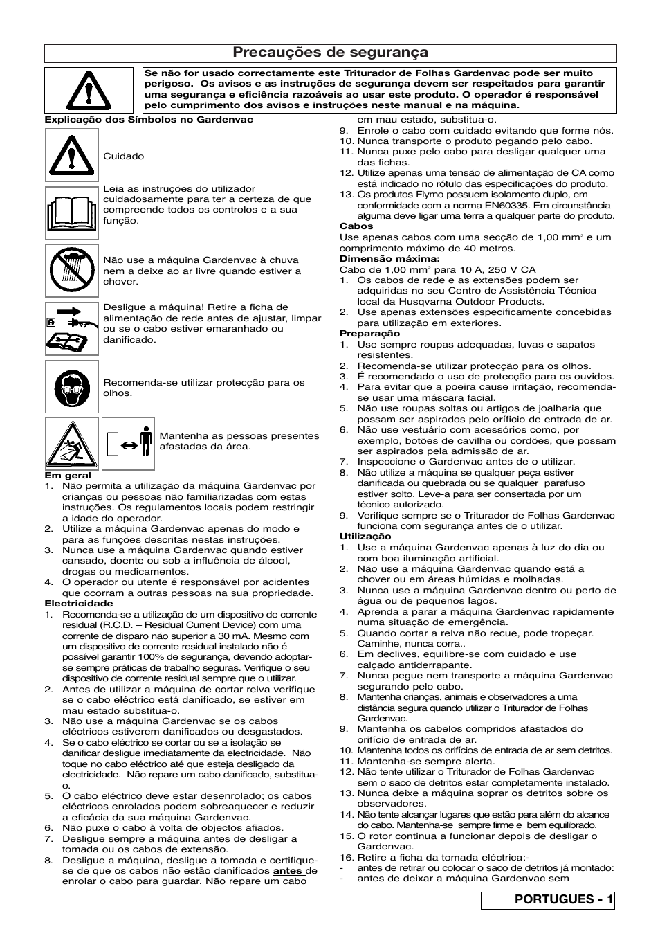 Precauções de segurança, Portugues - 1 | Flymo SCIROCCO 2200 User Manual | Page 25 / 52