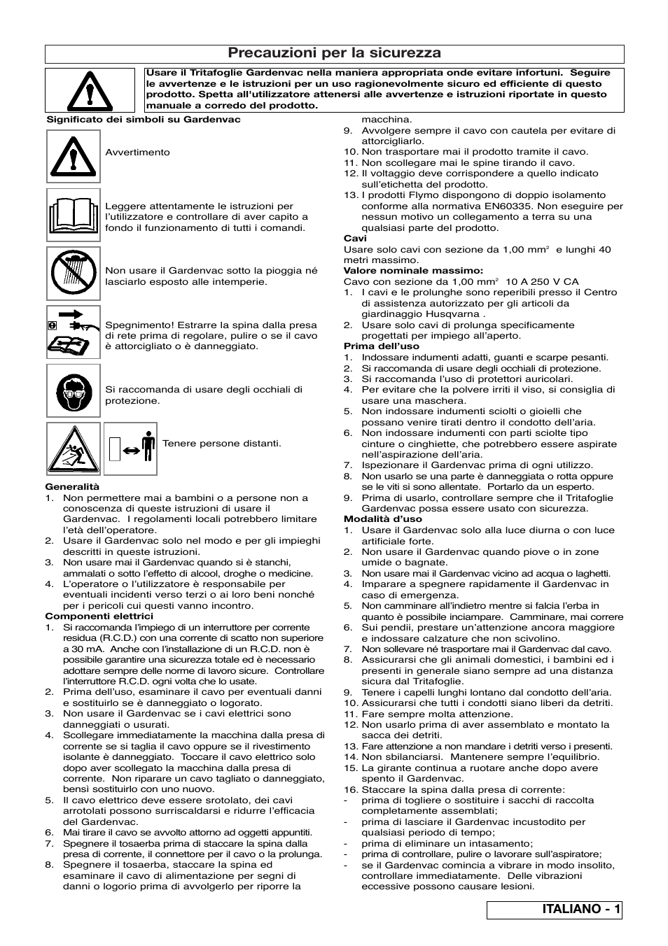 Precauzioni per la sicurezza, Italiano - 1 | Flymo SCIROCCO 2200 User Manual | Page 27 / 52