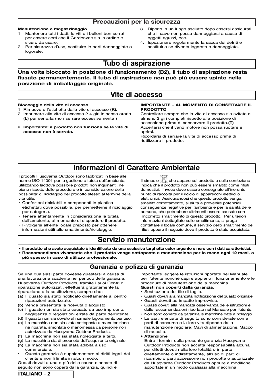 Informazioni di carattere ambientale, Servizio manutenzione, Vite di accesso | Tubo di aspirazione, Precauzioni per la sicurezza, Garanzia e polizza di garanzia, Italiano - 2 | Flymo SCIROCCO 2200 User Manual | Page 28 / 52