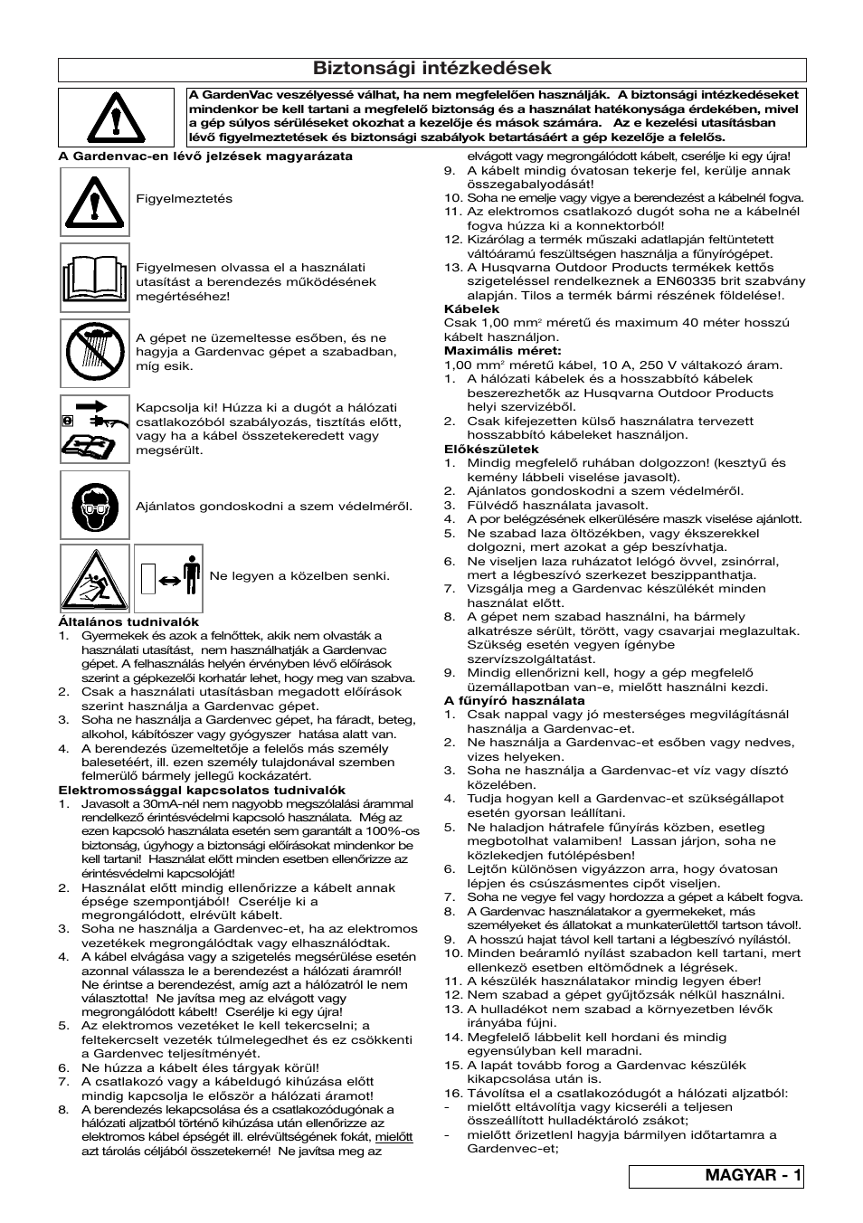 Biztonsági intézkedések, Magyar - 1 | Flymo SCIROCCO 2200 User Manual | Page 29 / 52