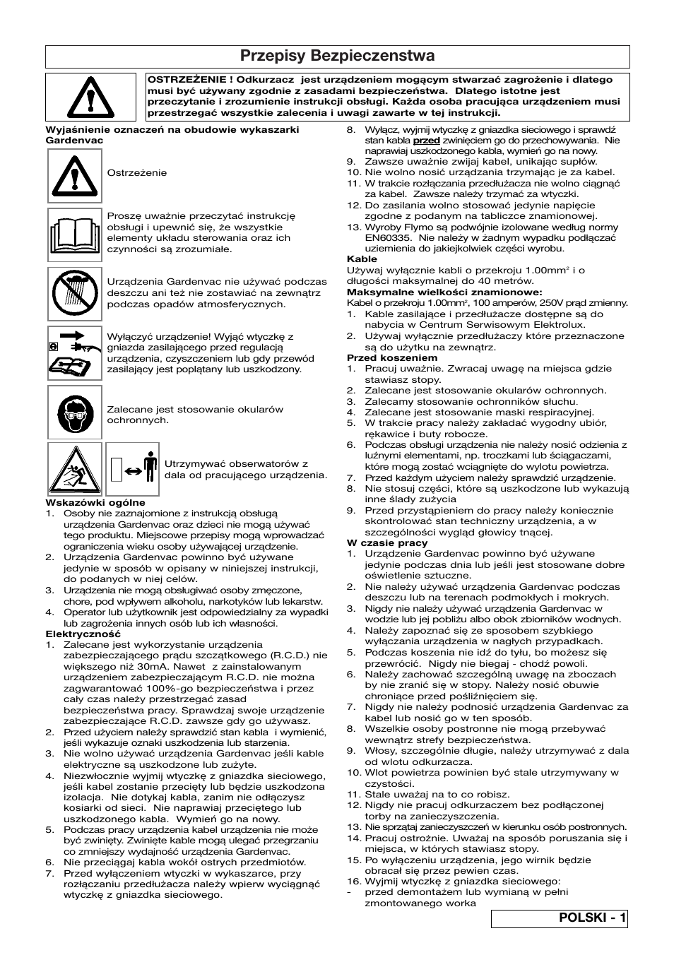 Przepisy bezpieczenstwa, Polski - 1 | Flymo SCIROCCO 2200 User Manual | Page 31 / 52
