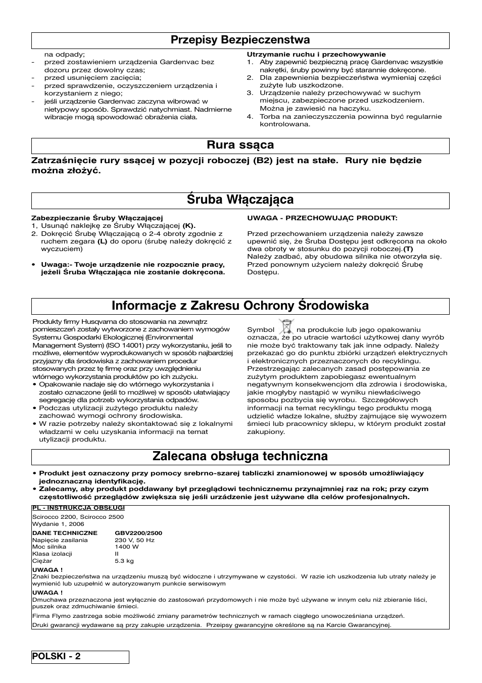 Informacje z zakresu ochrony środowiska, Zalecana obsługa techniczna, Śruba włączająca | Przepisy bezpieczenstwa, Rura ssąca, Polski - 2 | Flymo SCIROCCO 2200 User Manual | Page 32 / 52