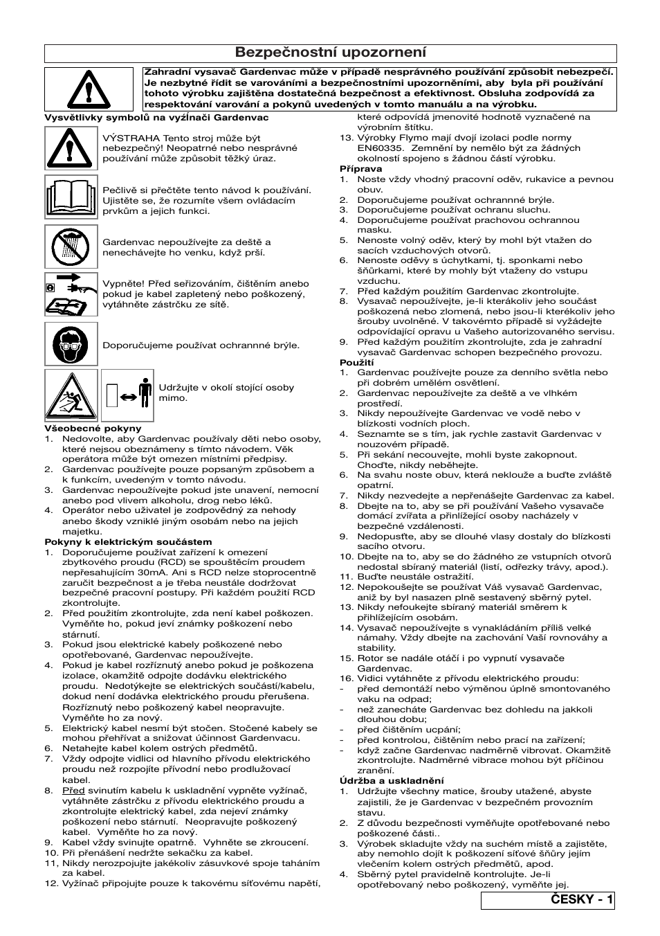 Bezpečnostní upozornení, Česky - 1 | Flymo SCIROCCO 2200 User Manual | Page 33 / 52