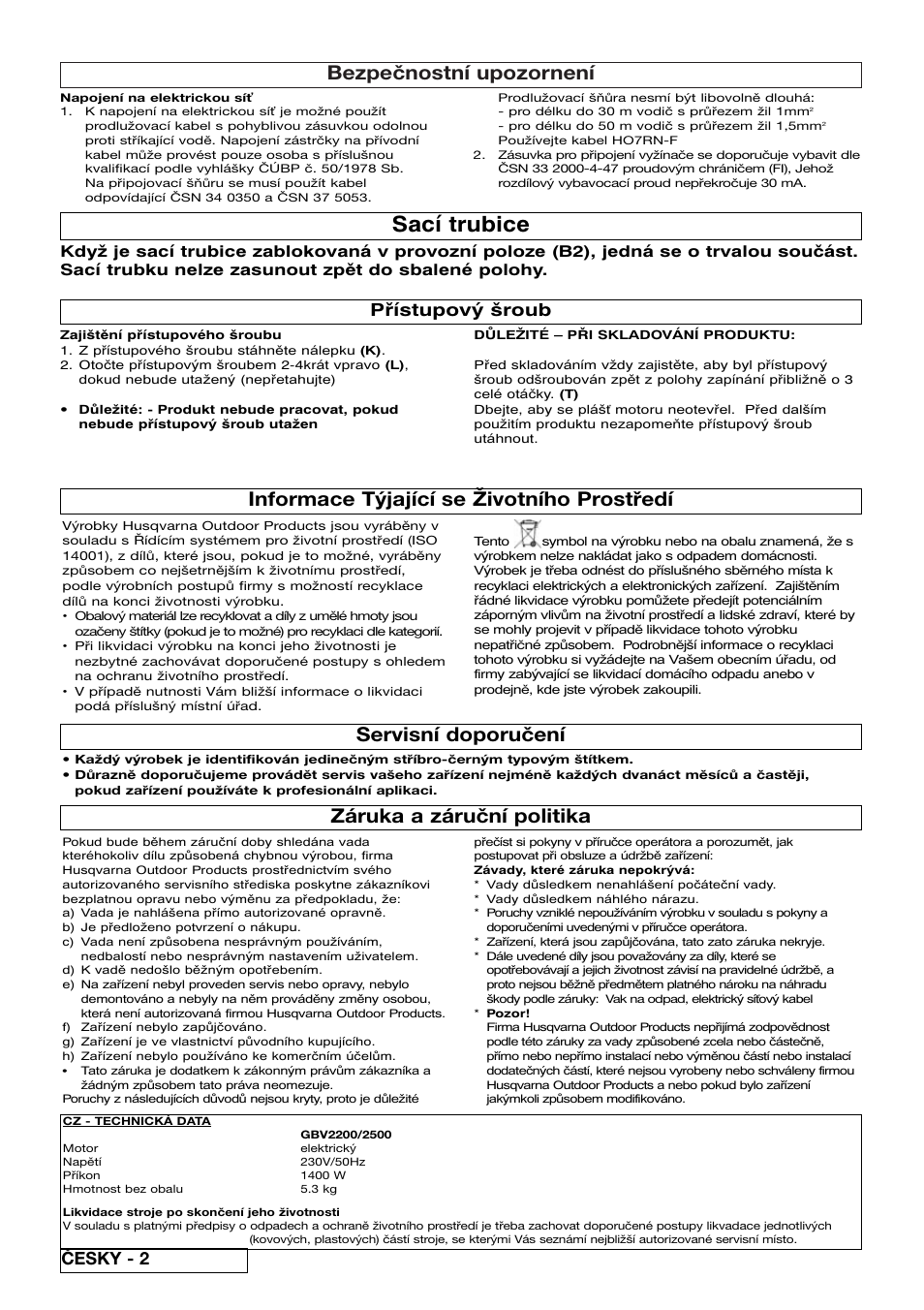 Sací trubice, Bezpečnostní upozornení, Informace týjající se životního prostředí | Servisní doporučení, Záruka a záruční politika, Přístupový šroub, Česky - 2 | Flymo SCIROCCO 2200 User Manual | Page 34 / 52
