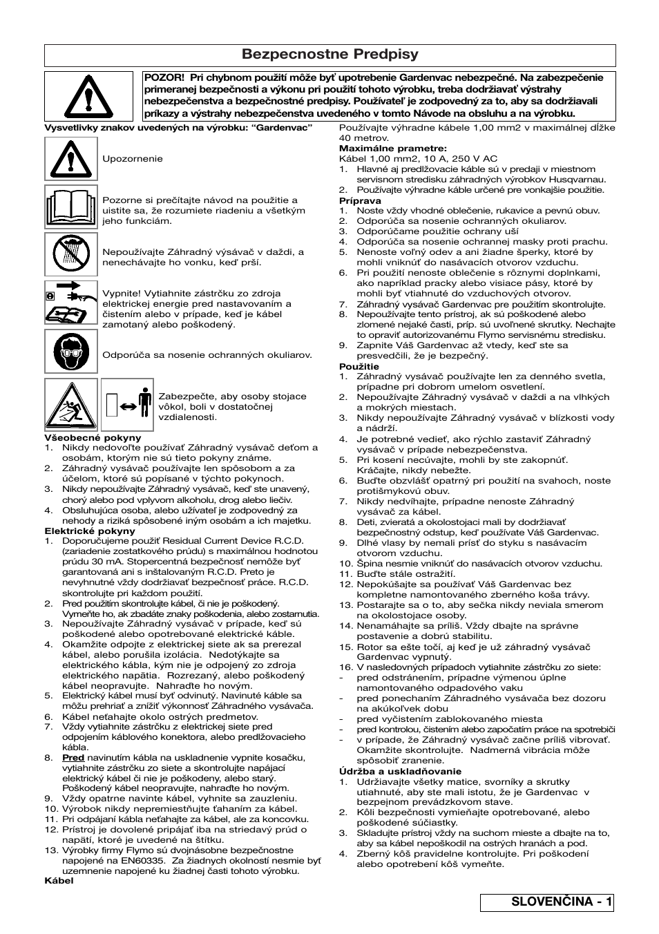 Bezpecnostne predpisy, Slovenčina - 1 | Flymo SCIROCCO 2200 User Manual | Page 35 / 52
