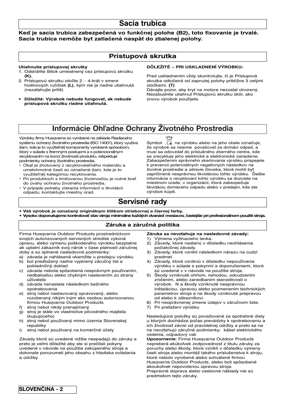 Informácie oh adne ochrany životného prostredia, Servisné rady, Sacia trubica | Prístupová skrutka, Slovenčina - 2 | Flymo SCIROCCO 2200 User Manual | Page 36 / 52