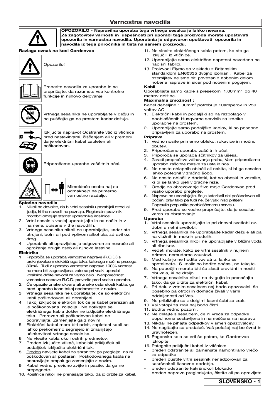 Varnostna navodila, Slovensko - 1 | Flymo SCIROCCO 2200 User Manual | Page 37 / 52