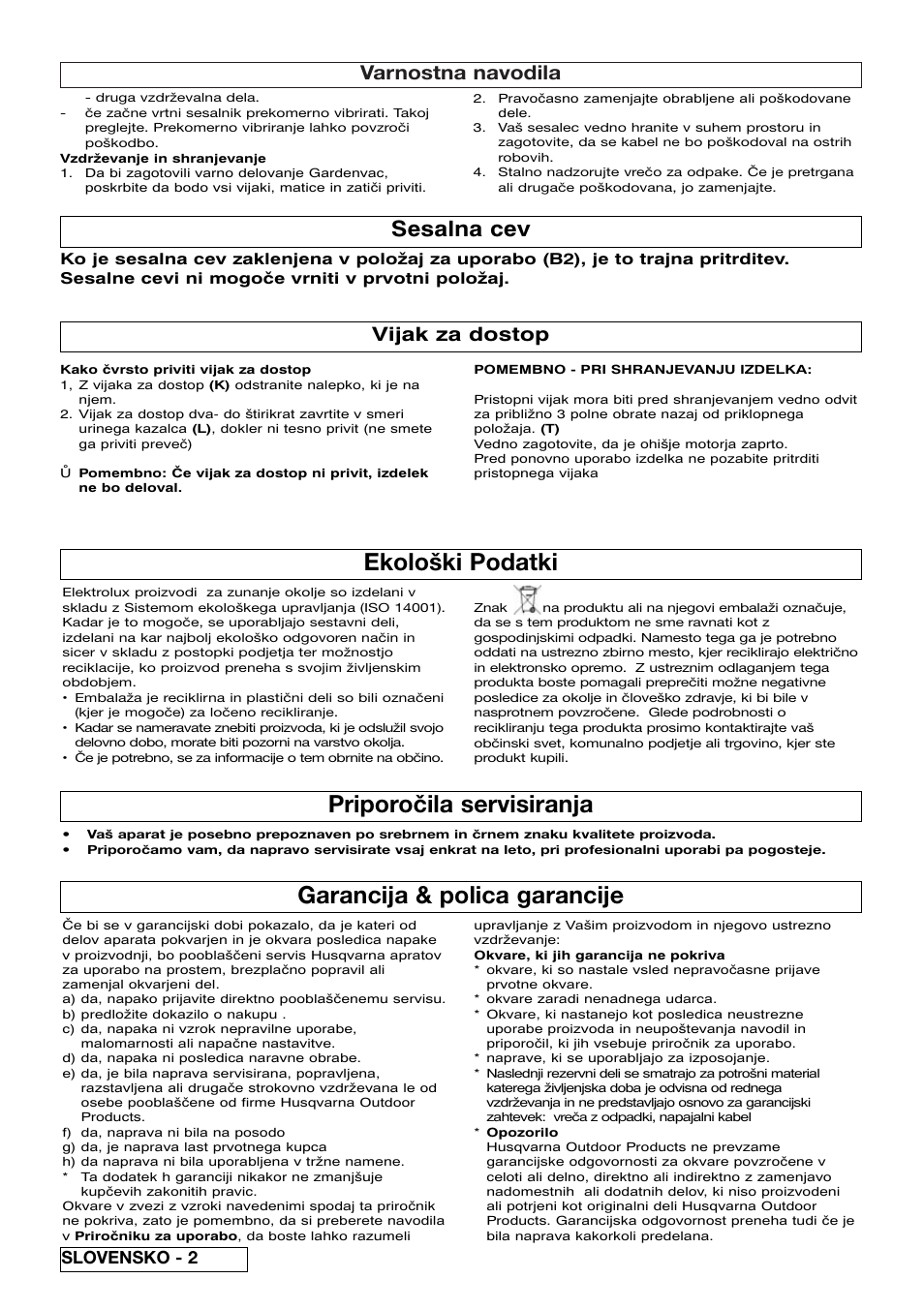 Ekološki podatki, Priporočila servisiranja, Garancija & polica garancije | Sesalna cev, Varnostna navodila, Vijak za dostop, Slovensko - 2 | Flymo SCIROCCO 2200 User Manual | Page 38 / 52