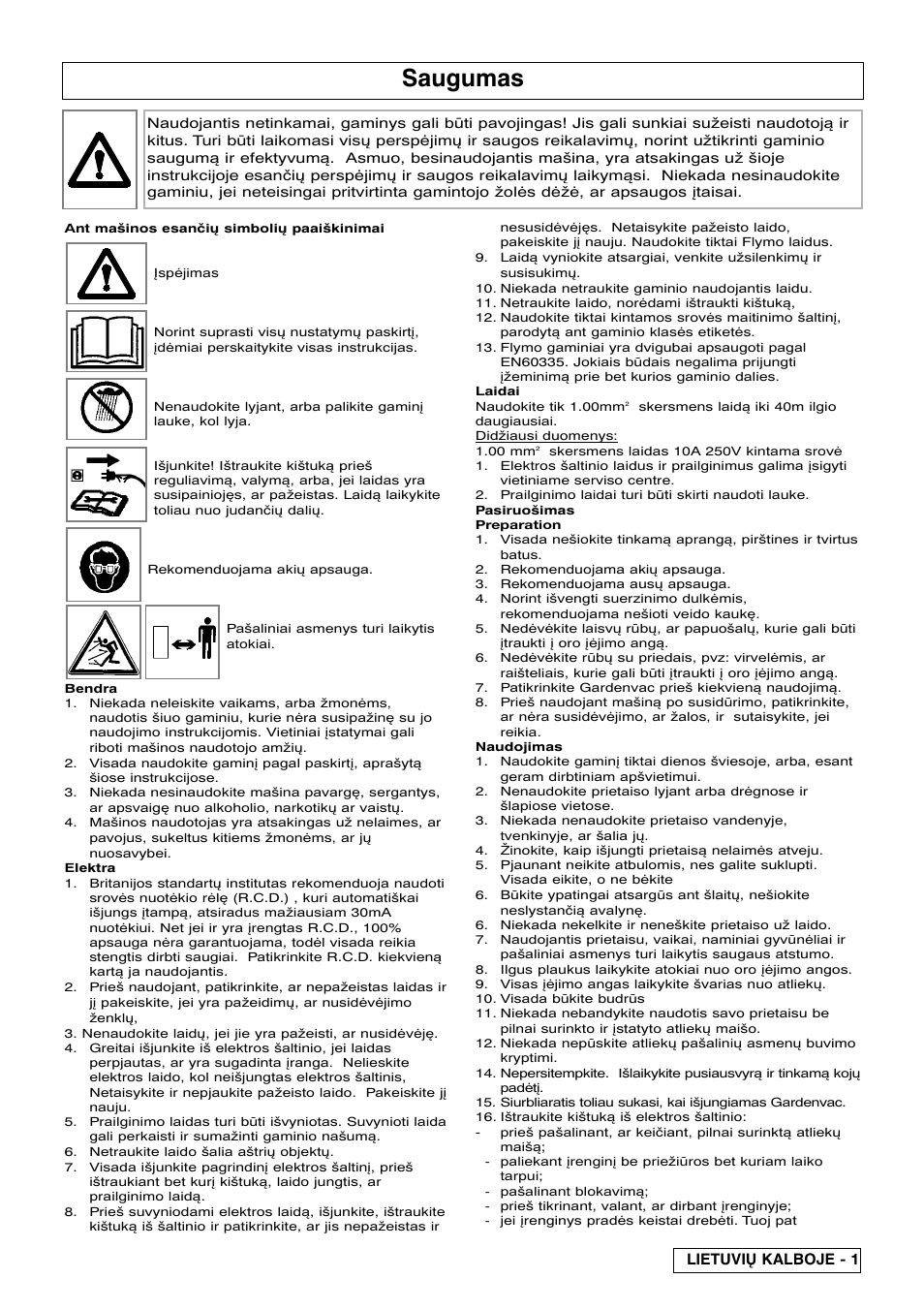 Saugumas | Flymo SCIROCCO 2200 User Manual | Page 39 / 52